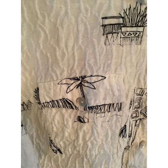 Chico’s Linen Silk Safari Print Button Down Shirt Sz 2 US 12 Black White - Picture 2 of 8